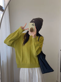 Selma Comfortable Knit Sweater with Oversized in Yellow Green