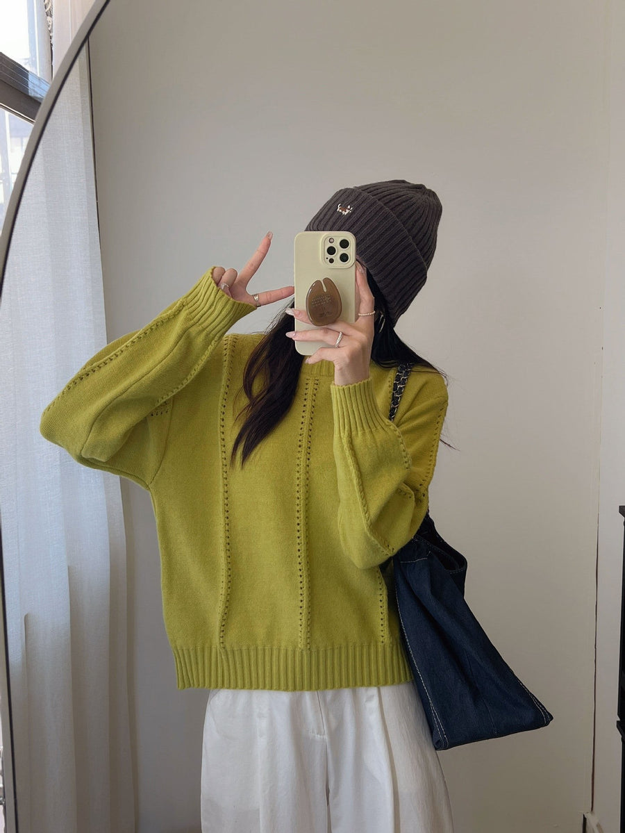 Selma Comfortable Knit Sweater with Oversized in Yellow Green