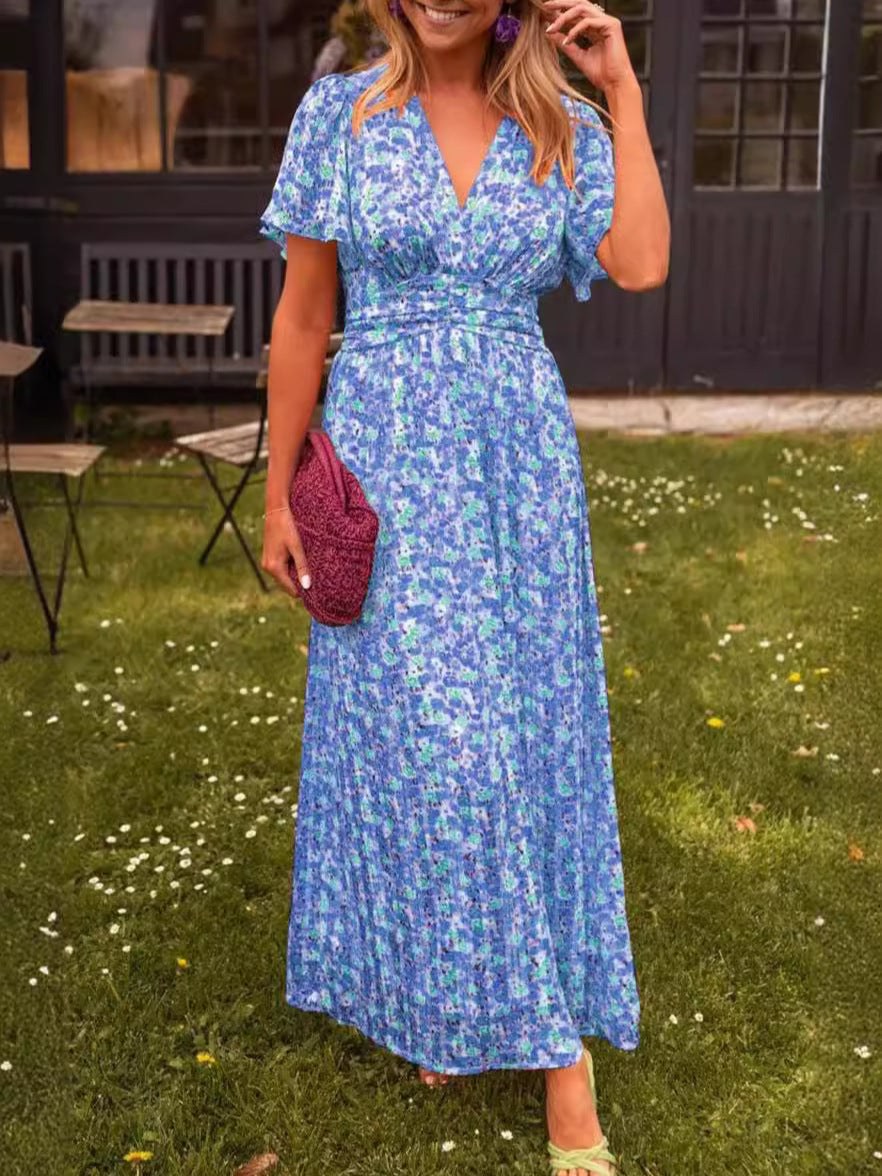 Selma Maxi Dress with V-Neck in Blue