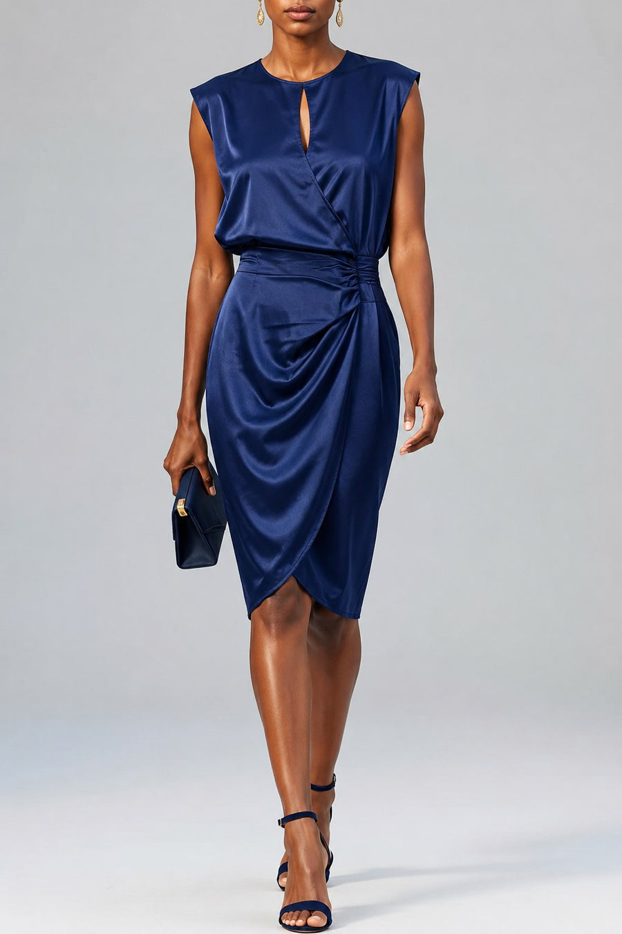 Selvaine Women's Cocktail Party Dress Keyhole Midi in Navy Blue