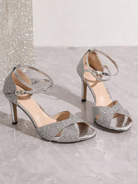 Selvaine Women's Glitter Heel Ankle Strap Sandals in Silver