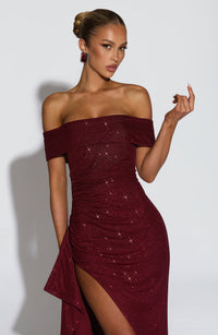 Selvaine Women's Sequin Party Dress Maxi Gown in Burgundy