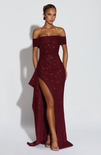 Selvaine Women's Sequin Party Dress Maxi Gown in Burgundy