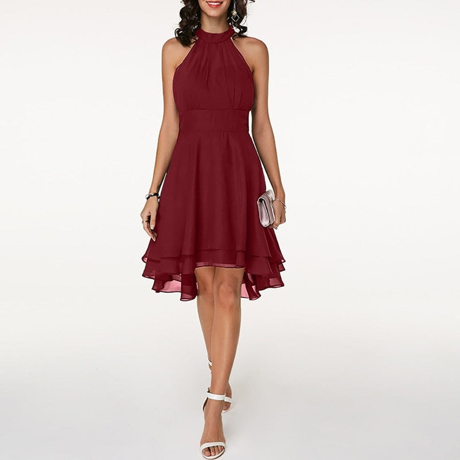 Selvinda Women's Cocktail Party Dress Halter Tiered in Wine Red
