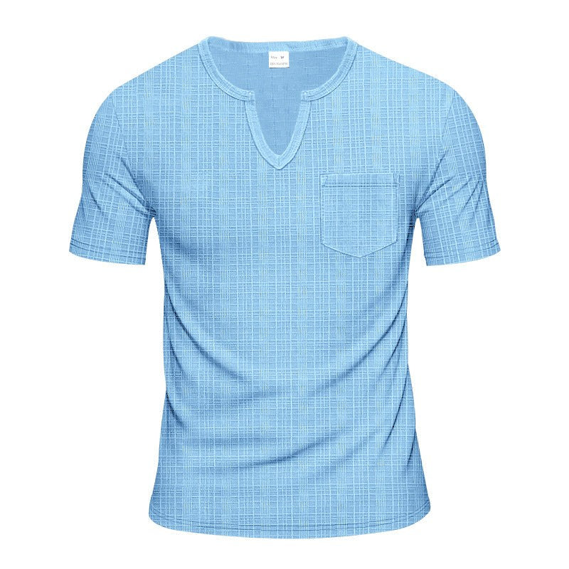 Sem Linen Shirt with V-Neck and Short Sleeve in Light Blue
