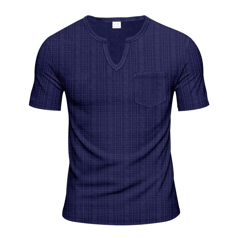 Sem Linen Shirt with V-Neck and Short Sleeve in Marinr&Blau