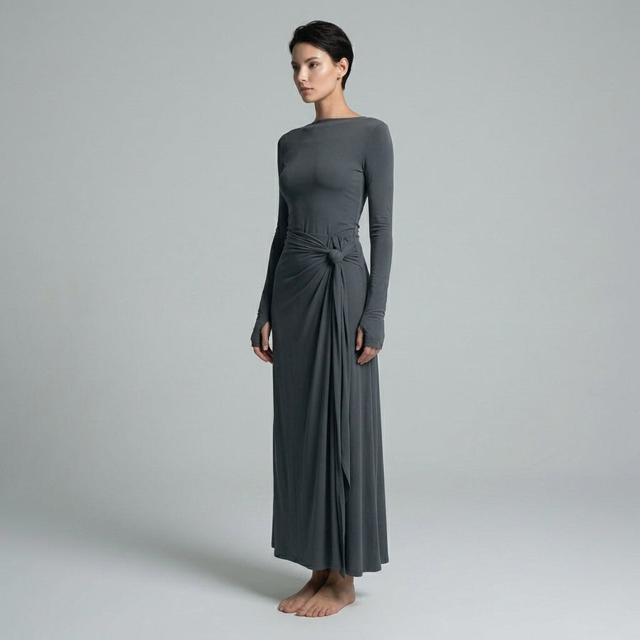 Seraphina Knotted Draped Maxi Dress in Charcoal