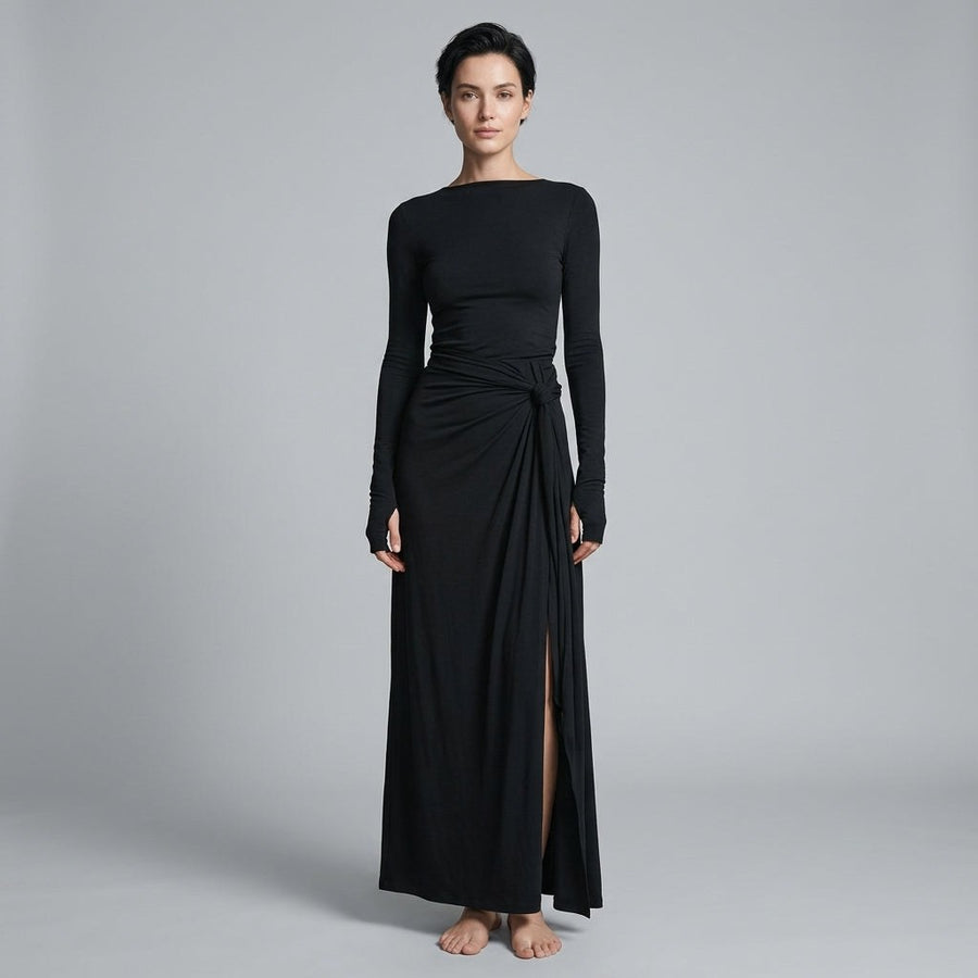 Seraphina Knotted Draped Maxi Dress in Onyx