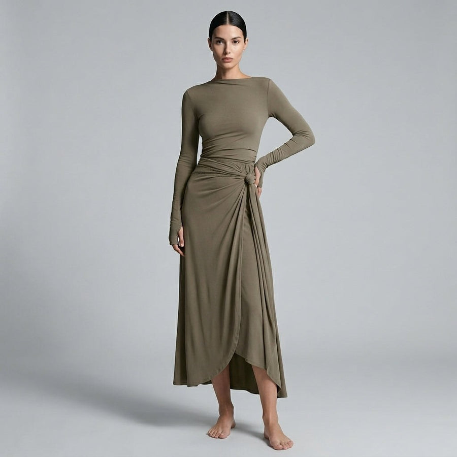 Seraphina Knotted Draped Maxi Dress in Sandstone