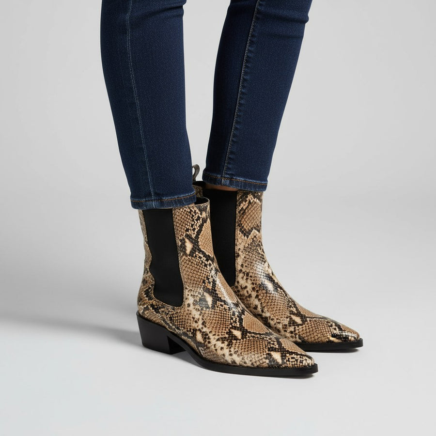 Seraphina Snakeskin Leather Bootie in Sienna Brown