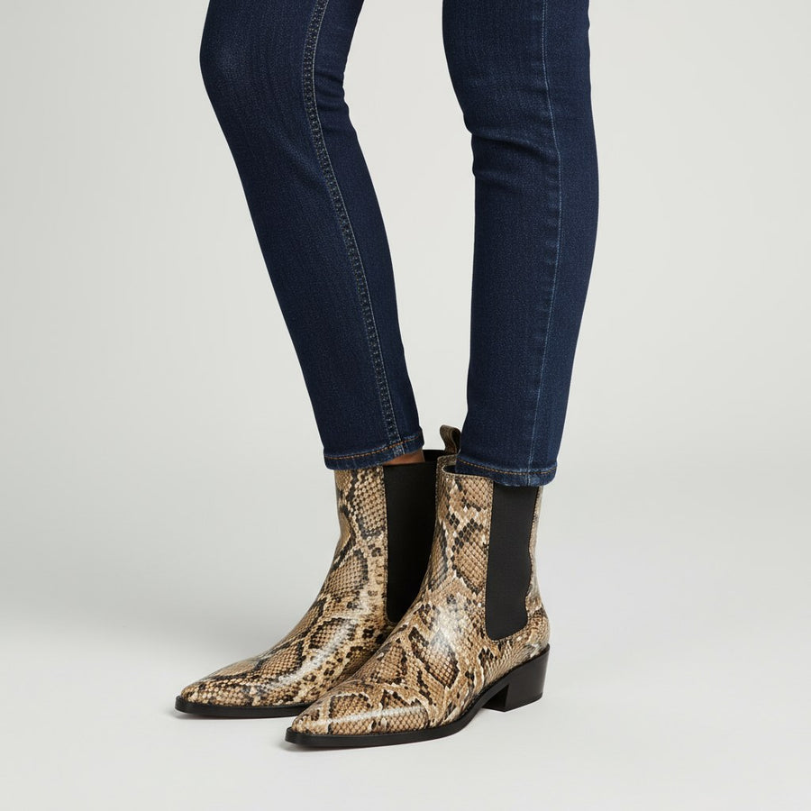 Seraphina Snakeskin Leather Bootie in Sienna Brown