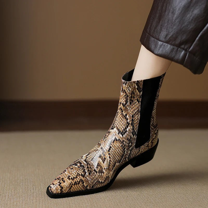Seraphina Snakeskin Leather Bootie in Sienna Brown