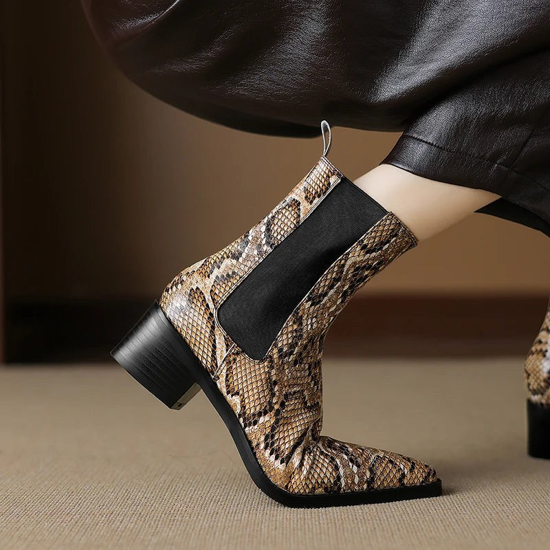 Seraphina Snakeskin Leather Bootie in Sienna Brown