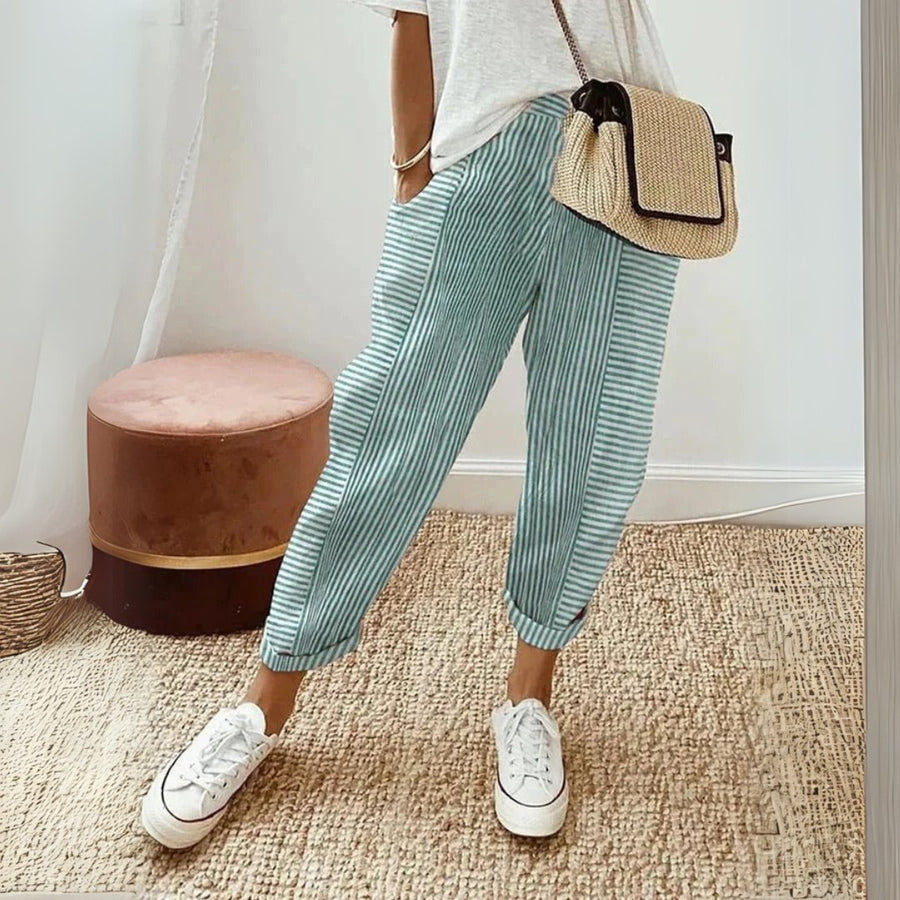 Seraphina Women's Striped Wide Leg Linen Pants in Green