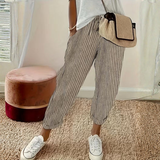 Seraphina Women's Striped Wide Leg Linen Pants in Khaki