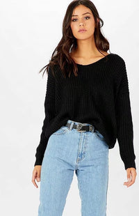 Seren Relaxed Knit Sweater with Crew Neck in Black