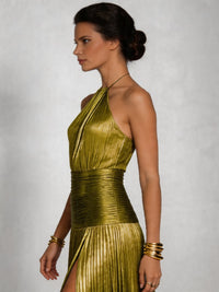 Serevna Women's Halter Neck Pleated Maxi Dress in Green