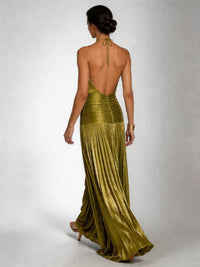 Serevna Women's Halter Neck Pleated Maxi Dress in Green