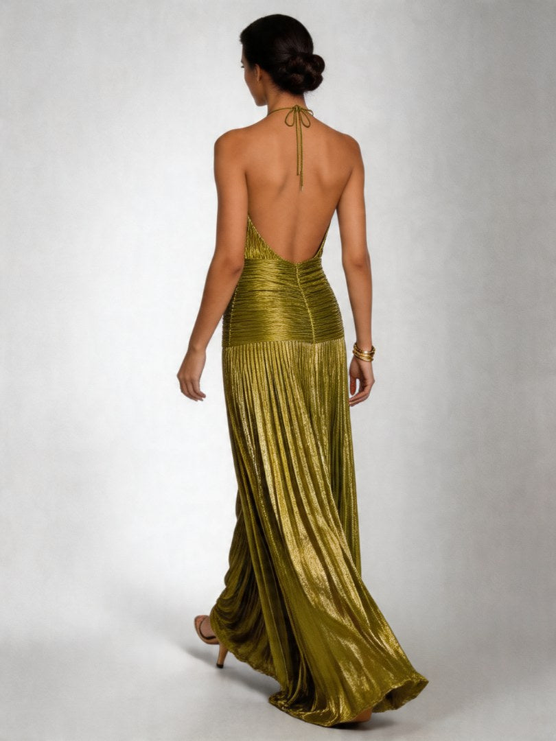 Serevna Women's Halter Neck Pleated Maxi Dress in Green