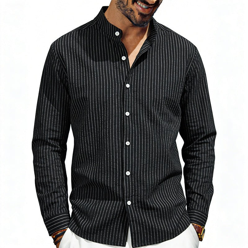 Severin Linen Shirt with Stand Collar and Button Front