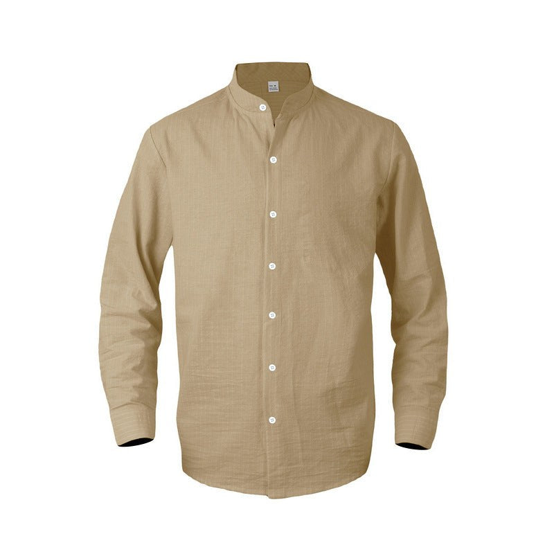 Severin Linen Shirt with Stand Collar and Button Front in Khaki