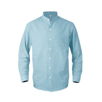 Severin Linen Shirt with Stand Collar and Button Front in Light Blue