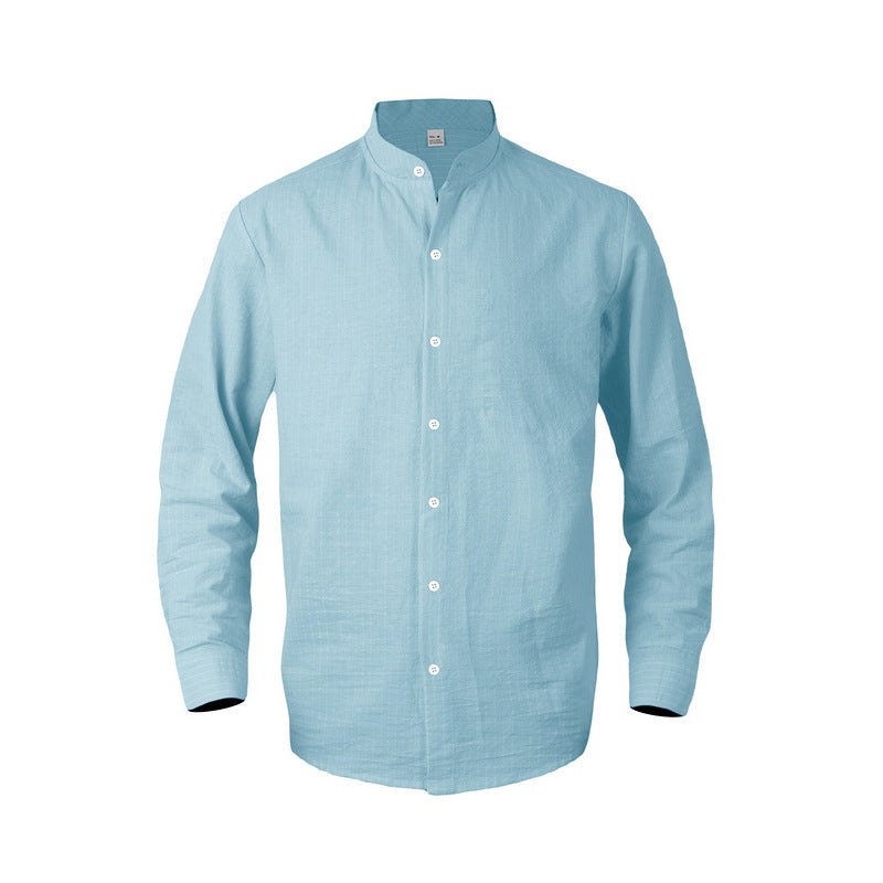 Severin Linen Shirt with Stand Collar and Button Front in Light Blue