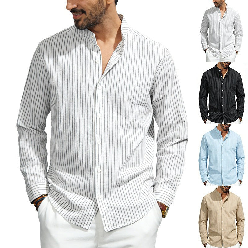Severin Linen Shirt with Stand Collar and Button Front