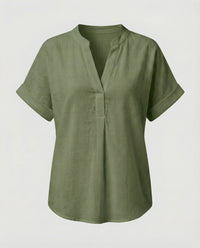 Sidonie Linen Blend Blouse with V-Neck in Green