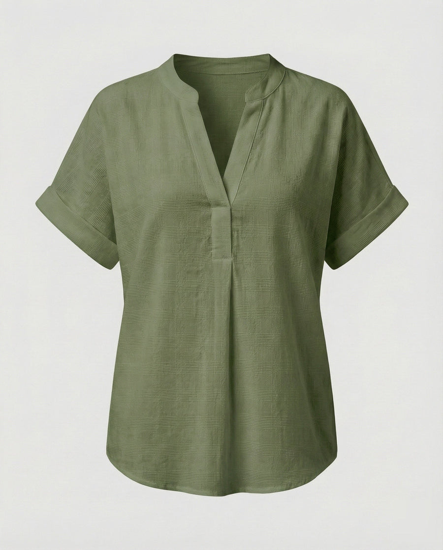 Sidonie Linen Blend Blouse with V-Neck in Green