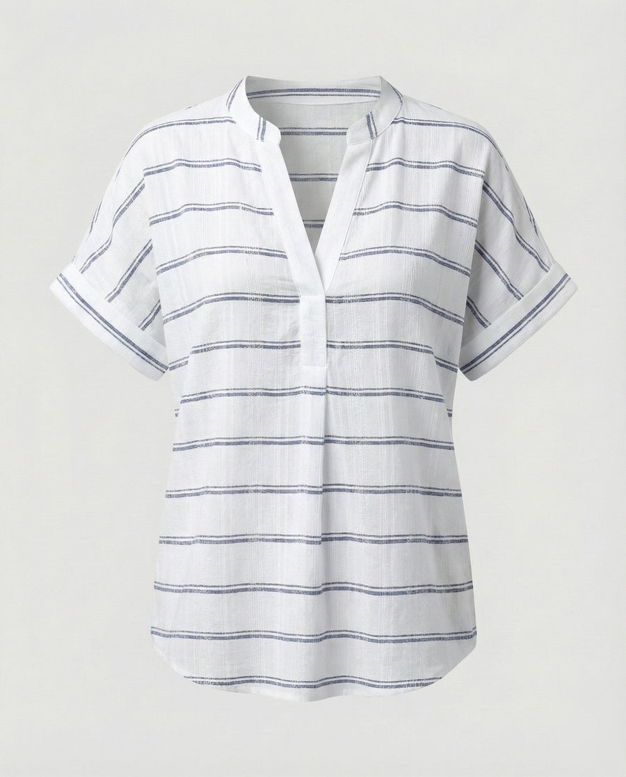 Sidonie Linen Blend Blouse with V-Neck in Multicolour