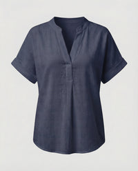 Sidonie Linen Blend Blouse with V-Neck in Navy