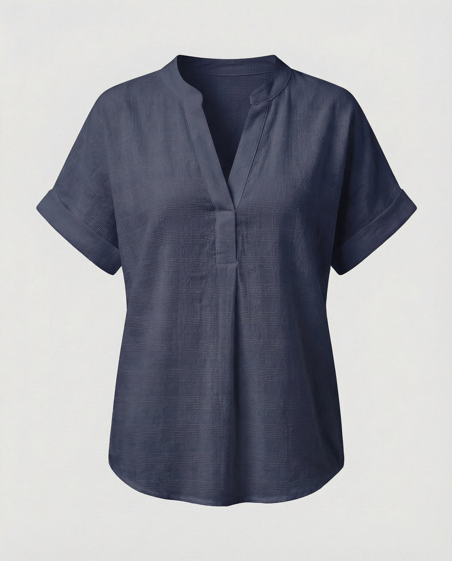 Sidonie Linen Blend Blouse with V-Neck in Navy