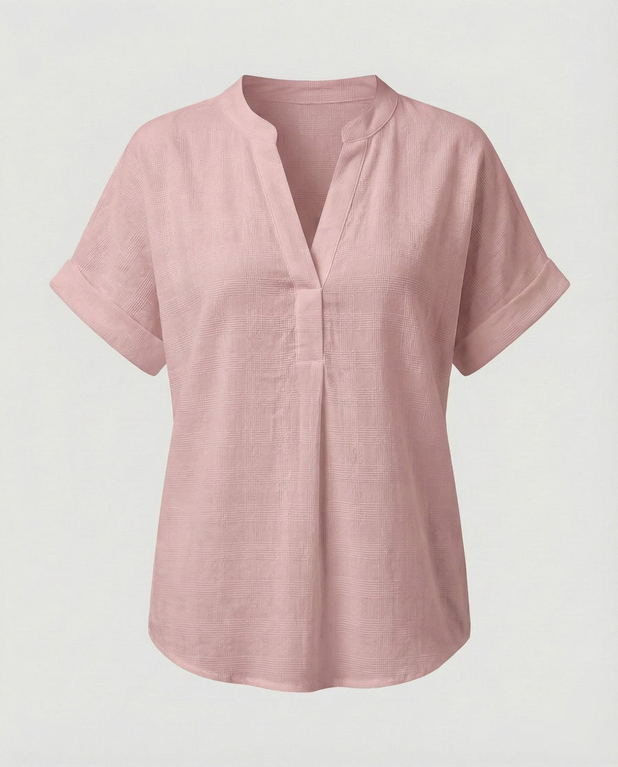 Sidonie Linen Blend Blouse with V-Neck in Pink