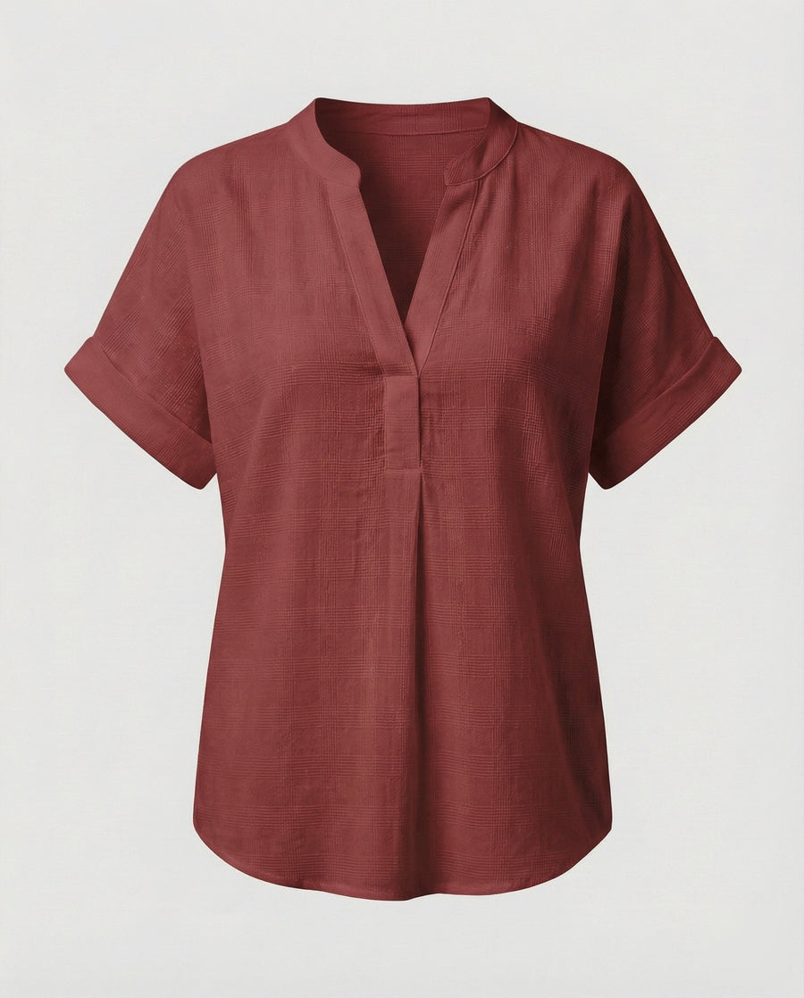 Sidonie Linen Blend Blouse with V-Neck in Wine Red