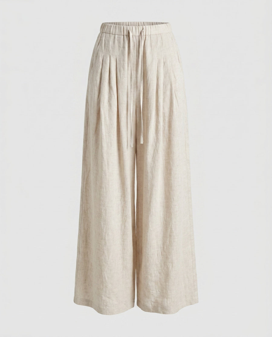Sidonie Linen Trousers with Drawstring Waist and Side Pockets in Beige