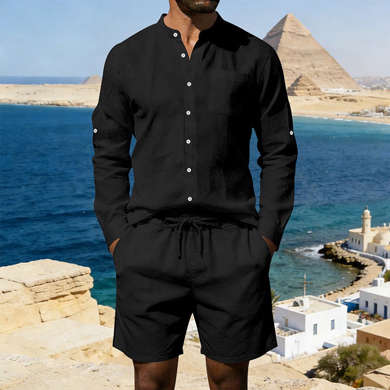 Siem Linen Shirt with Stand Collar in Black