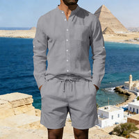 Siem Linen Shirt with Stand Collar in Dark Grey