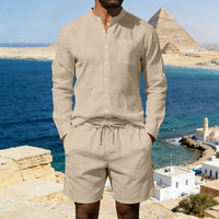 Siem Linen Shirt with Stand Collar in Khaki