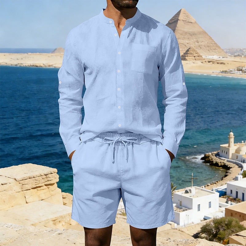 Siem Linen Shirt with Stand Collar in Light Blue