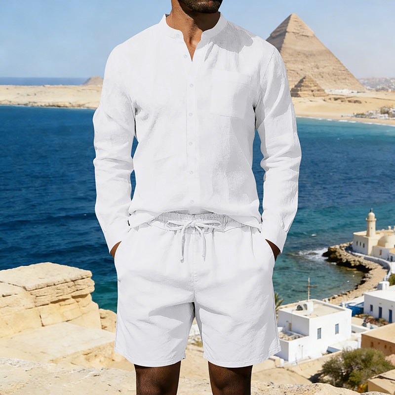 Siem Linen Shirt with Stand Collar in White