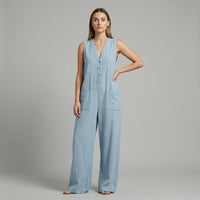 Sienna Buttoned Wide-Leg Jumpsuit in Azure