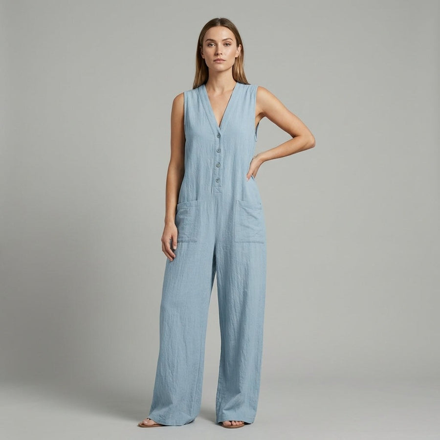 Sienna Buttoned Wide-Leg Jumpsuit in Azure