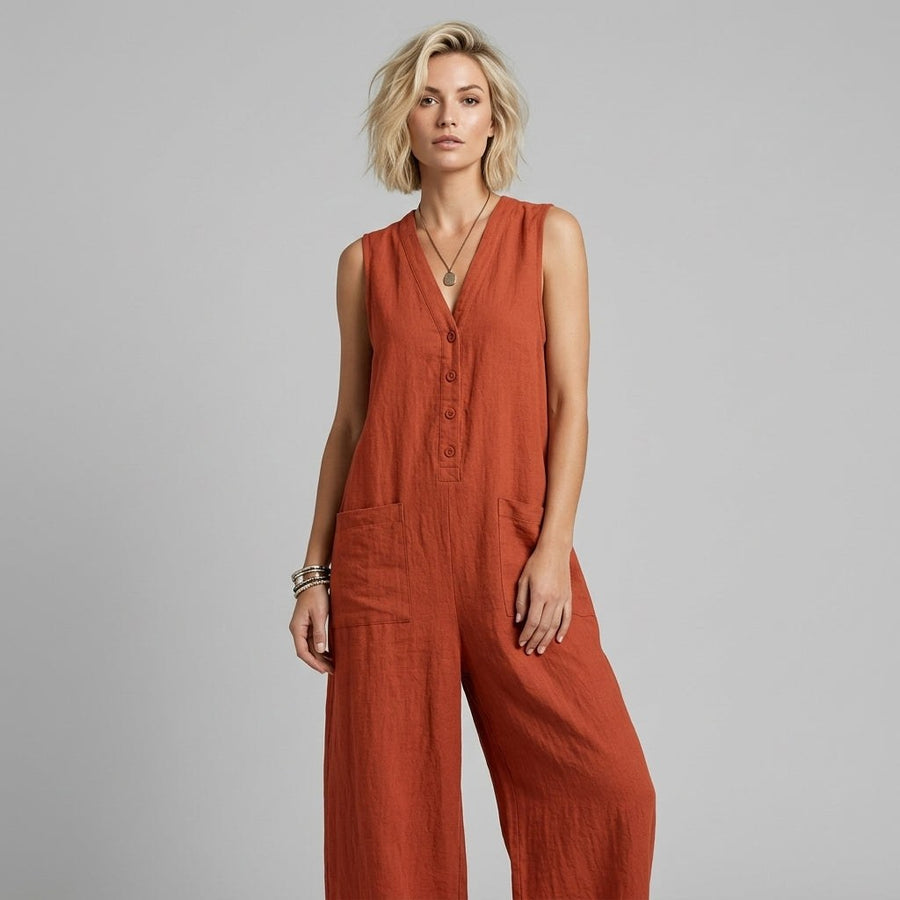 Sienna Buttoned Wide-Leg Jumpsuit in Cabernet