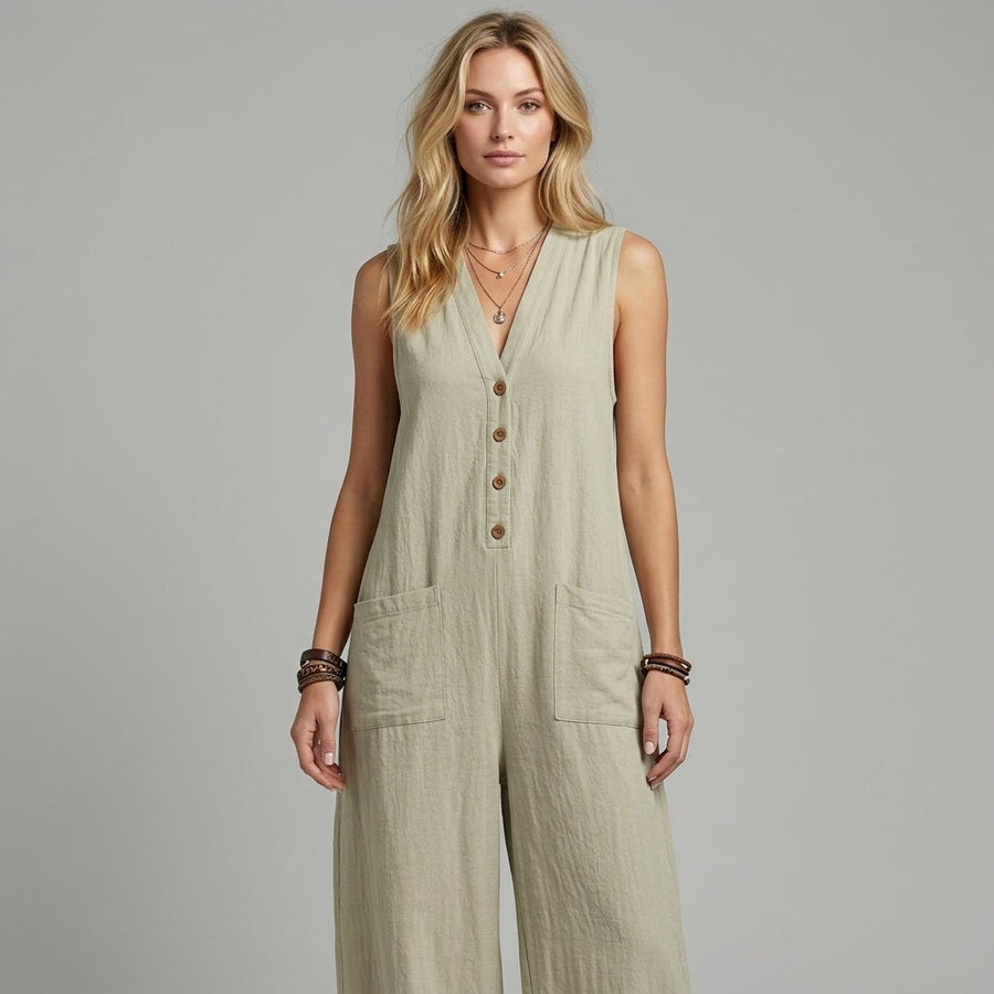 Sienna Buttoned Wide-Leg Jumpsuit in Sage