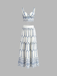 Sienna Women's Embroidered Crop Top Midi Skirt Two Piece Set in Blue