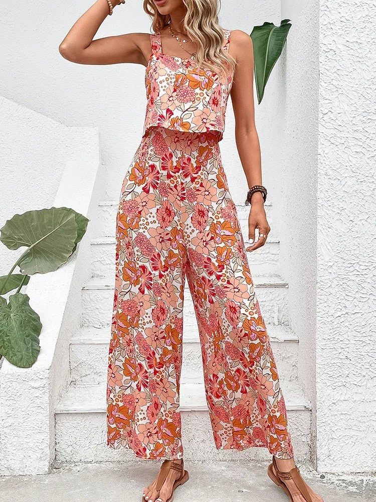 Sienna Women's Floral Wide Leg Jumpsuit Sleeveless Backless in Peach