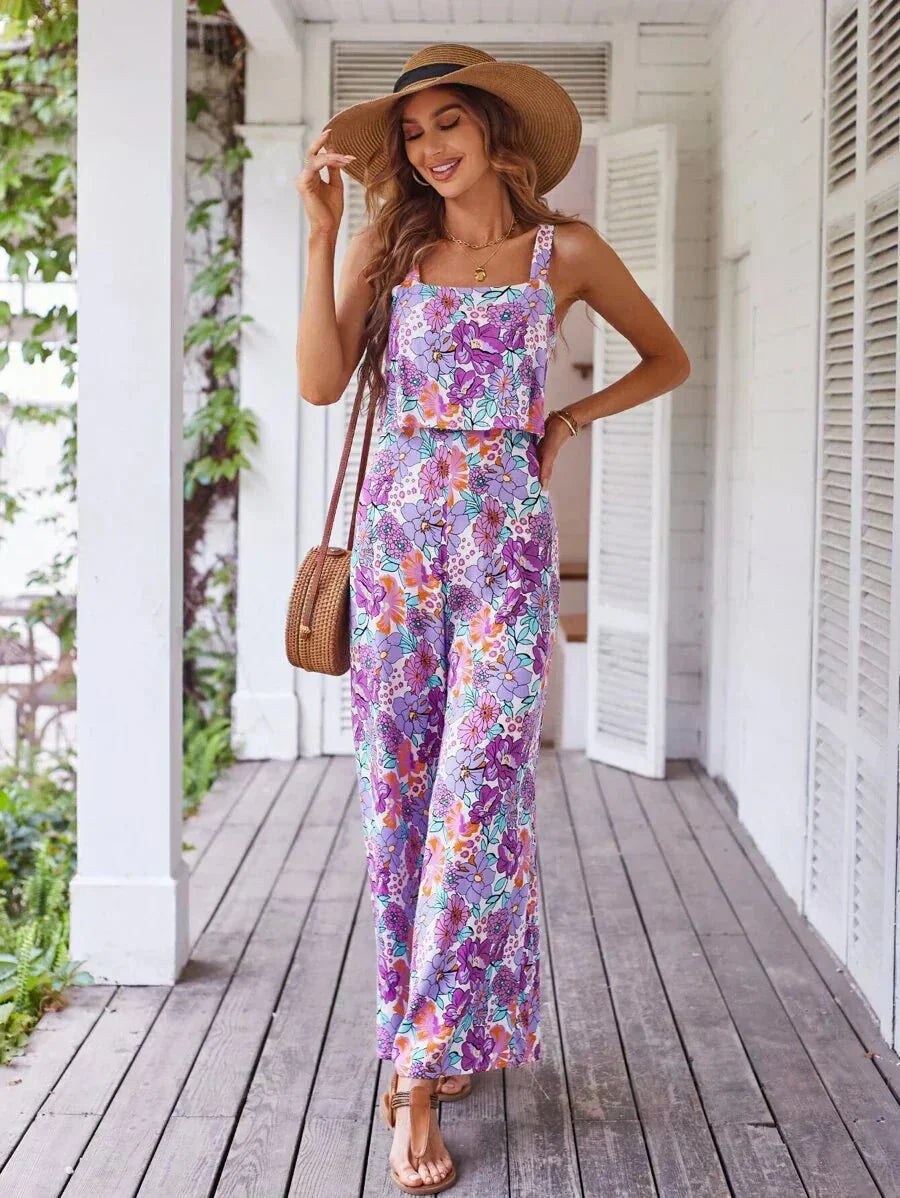 Sienna Women's Floral Wide Leg Jumpsuit Sleeveless Backless in Purple