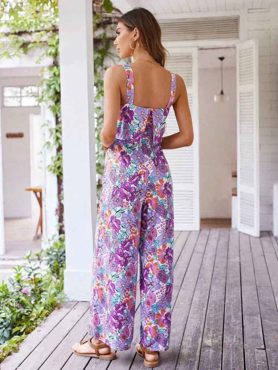 Sienna Women's Floral Wide Leg Jumpsuit Sleeveless Backless in Purple