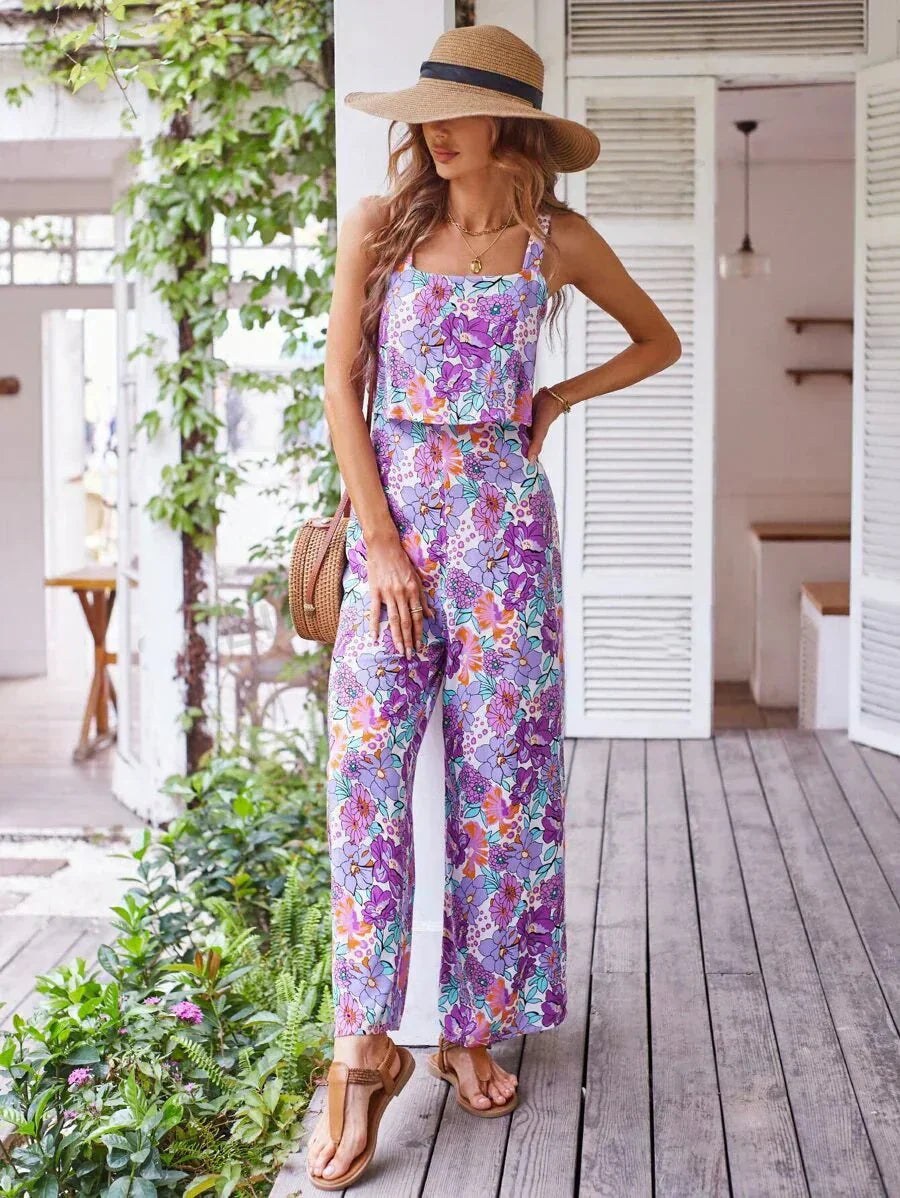 Sienna Women's Floral Wide Leg Jumpsuit Sleeveless Backless in Purple